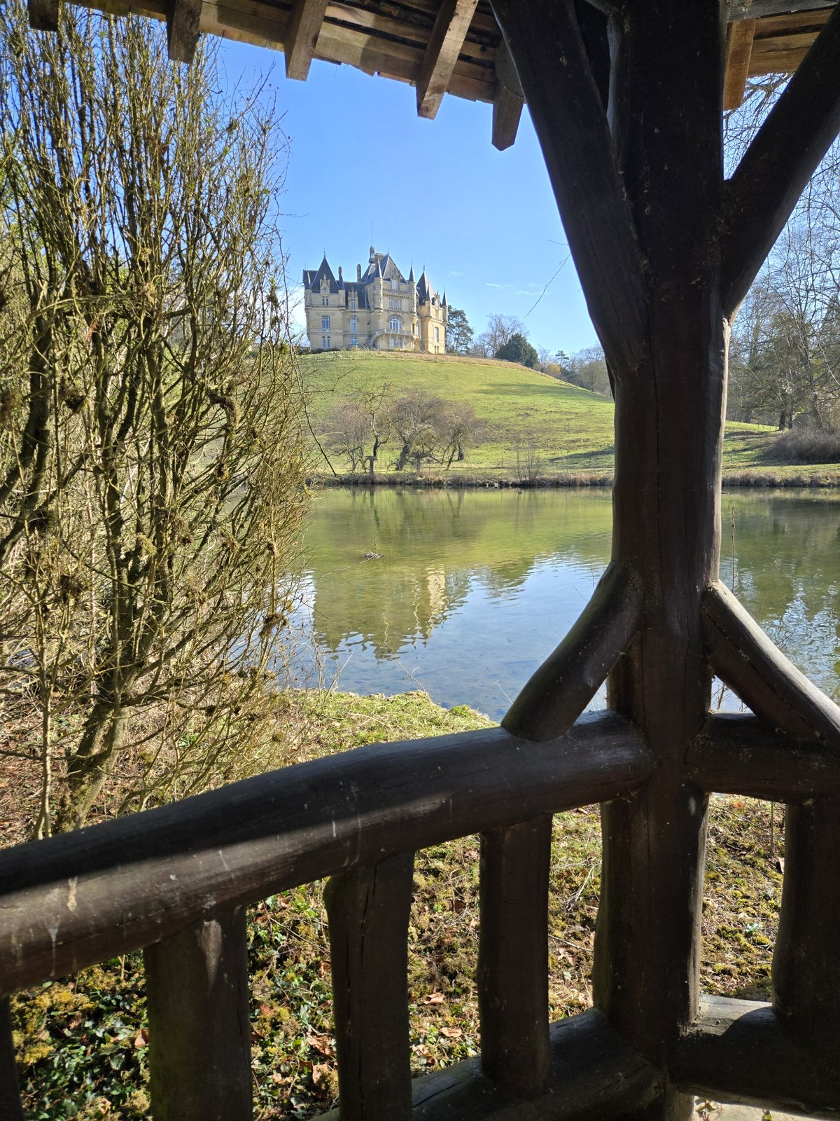 緑の庭園から望むフランスの城館と湖